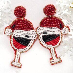 Cheerful Santa Cap on Wine Glass Earrings Handmade Beaded Festive Jewelry